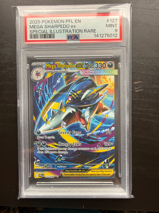 Mega Sharpedo ex 127/094 Me02: Phantasmal Flames Holo - SIR - PSA 9