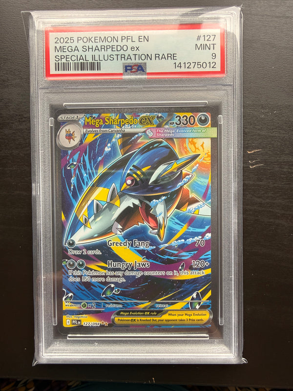 Mega Sharpedo ex 127/094 Me02: Phantasmal Flames Holo - SIR - PSA 9
